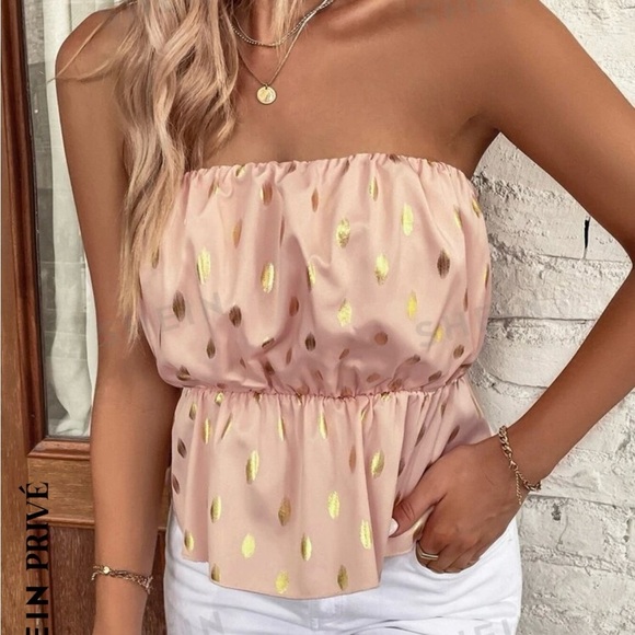 4/25$ SHEIN Pink and Gold Smocked Strapless Blouse With Open Tie Back Medium - Picture 1 of 7